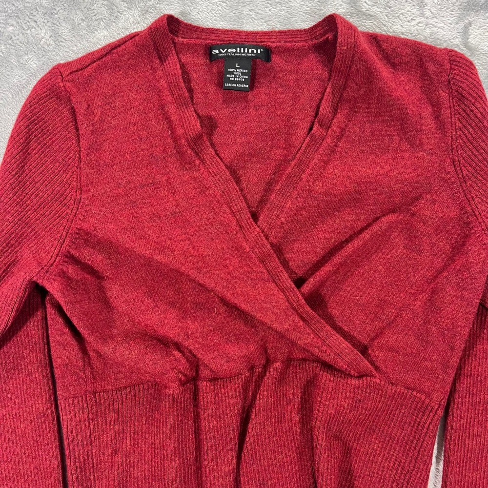 Avellini Merino Wool‎ 100 Pullover Women Large Red Wrap Front Ribbed V-Neck Warm